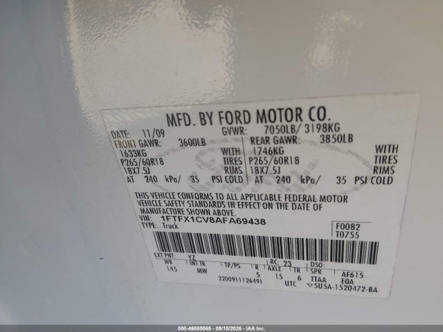 46080065 :رقم المزاد ، 1FTFX1CV8AFA69438 vin ، 2010 Ford F-150 Fx2 Sport/lariat/xl/xlt مزاد بيع