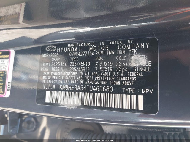 46080078 :رقم المزاد ، KM8HE3A34TU465680 vin ، 2026 Hyundai Kona Limited مزاد بيع