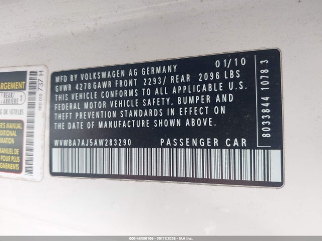 2010 Volkswagen Golf 2-door მანქანა იყიდება აუქციონზე, vin: WVWBA7AJ5AW283290, აუქციონის ნომერი: 46080106