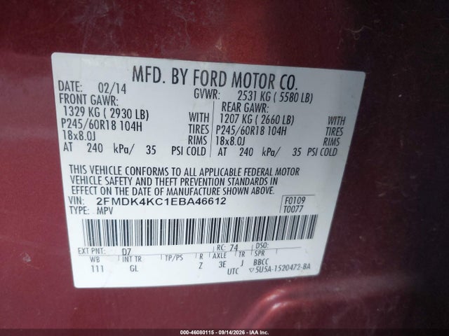 Ford Edge Limited 2014 2FMDK4KC1EBA46612 Image 9
