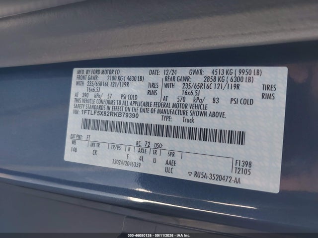 46080126 :رقم المزاد ، 1FTLF5X82RKB79390 vin ، 2024 Ford Transit-350 مزاد بيع