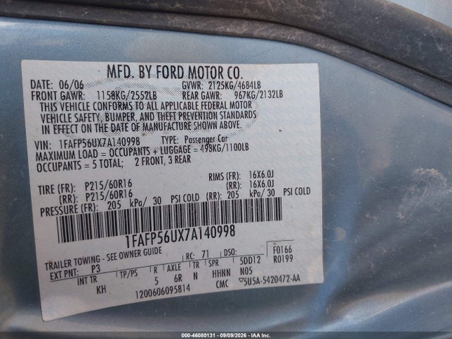 Продаж на аукціоні авто 2007 Ford Taurus Sel, vin: 1FAFP56UX7A140998, номер лоту: 46080131