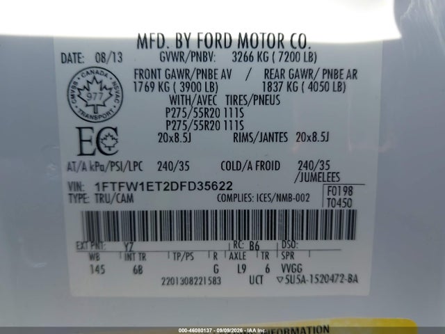 46080137 :رقم المزاد ، 1FTFW1ET2DFD35622 vin ، 2013 Ford F-150 Fx4 مزاد بيع