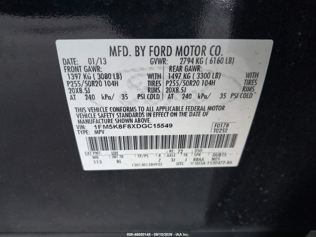 2013 Ford Explorer Limited მანქანა იყიდება აუქციონზე, vin: 1FM5K8F8XDGC15549, აუქციონის ნომერი: 46080148