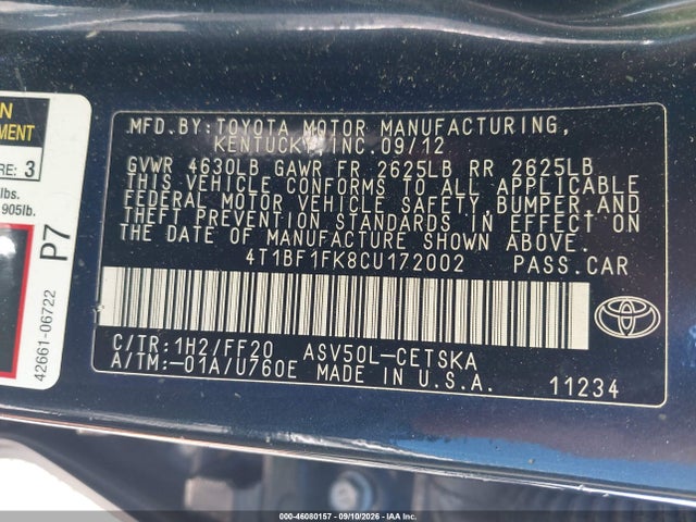 46080157 :رقم المزاد ، 4T1BF1FK8CU172002 vin ، 2012 Toyota Camry Se مزاد بيع