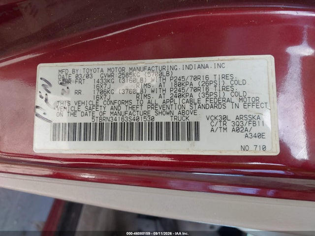Продаж на аукціоні авто 2003 Toyota Tundra Sr5, vin: 5TBRN34163S401530, номер лоту: 46080159