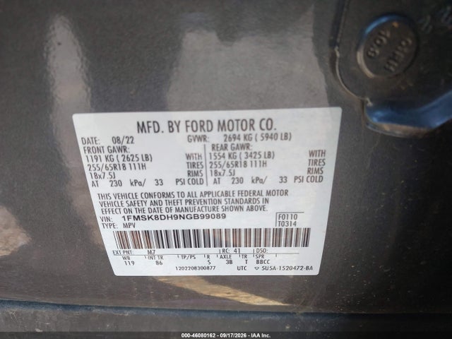 Продаж на аукціоні авто 2022 Ford Explorer Xlt, vin: 1FMSK8DH9NGB99089, номер лоту: 46080162