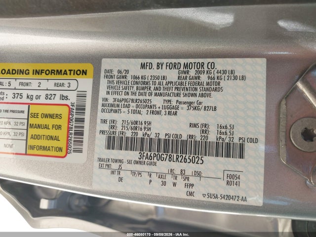 Продажа на аукционе авто 2020 Ford Fusion S, vin: 3FA6P0G78LR265025, номер лота: 46080170