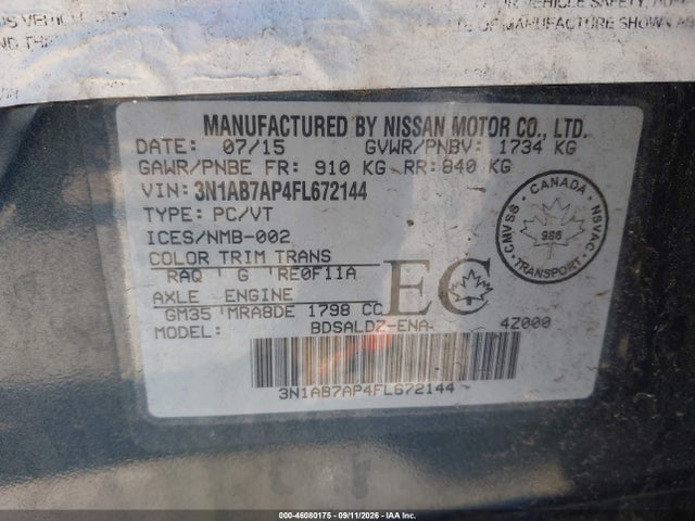 Продаж на аукціоні авто 2015 Nissan Sentra Fe+ S/s/sl/sr/sv, vin: 3N1AB7AP4FL672144, номер лоту: 46080175