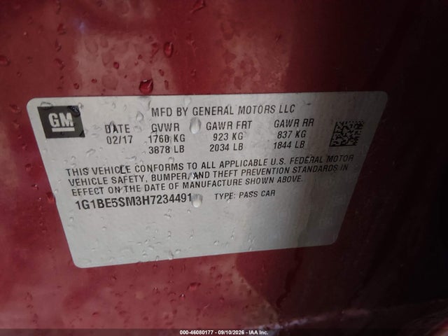 46080177 :رقم المزاد ، 1G1BE5SM3H7234491 vin ، 2017 Chevrolet Cruze Lt Auto مزاد بيع
