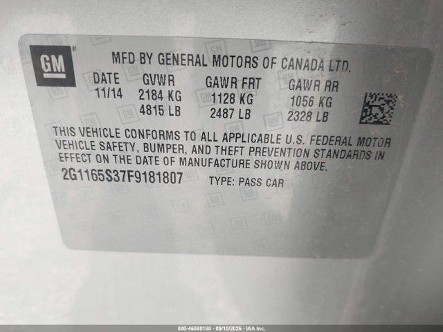 46080180 :رقم المزاد ، 2G1165S37F9181807 vin ، 2015 Chevrolet Impala 2lz مزاد بيع