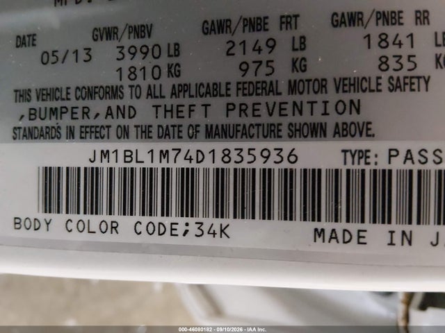 46080182 :رقم المزاد ، JM1BL1M74D1835936 vin ، 2013 Mazda Mazda3 I Grand Touring مزاد بيع