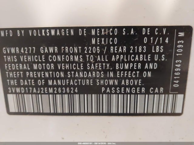 Auction sale of the 2014 Volkswagen Jetta 1.8t Se, vin: 3VWD17AJ2EM263624, lot number: 46080191