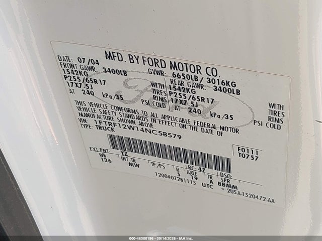 Aukcja sprzedaży 2004 Ford F-150 Stx/xl/xlt, vin: 1FTRF12W14NC58579, numer aukcji: 46080196