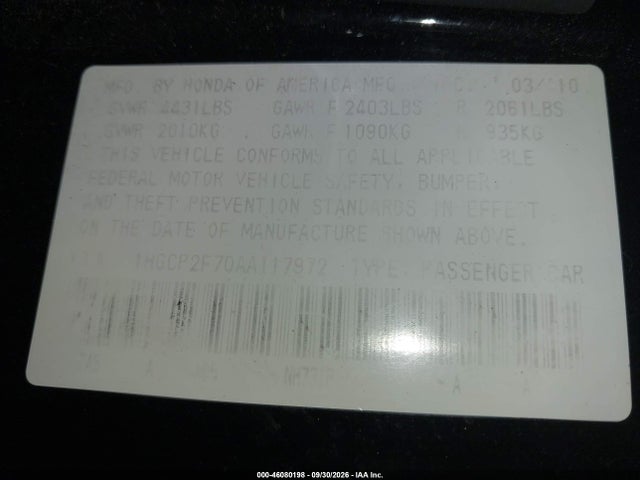 Продажа на аукционе авто 2010 Honda Accord 2.4 Ex, vin: 1HGCP2F70AA117972, номер лота: 46080198