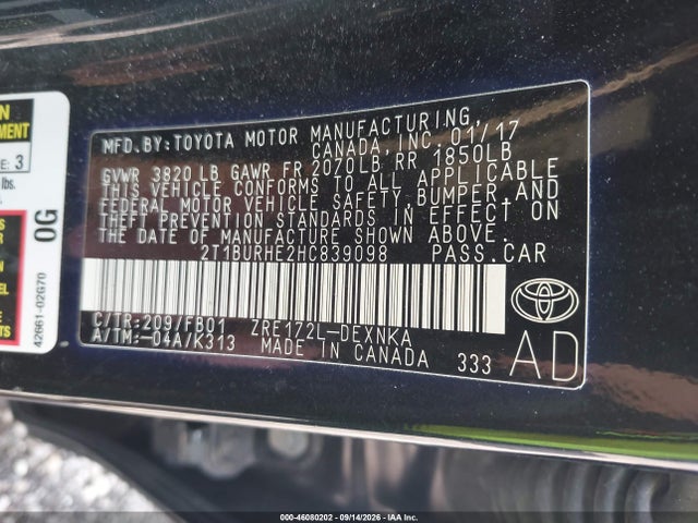 Продаж на аукціоні авто 2017 Toyota Corolla Le, vin: 2T1BURHE2HC839098, номер лоту: 46080202