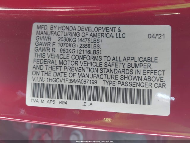 1HGCV1F39MA067199 Honda Accord Sport