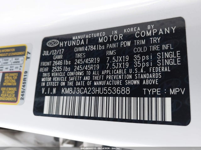 Продаж на аукціоні авто 2017 Hyundai Tucson Night, vin: KM8J3CA23HU553688, номер лоту: 46080215