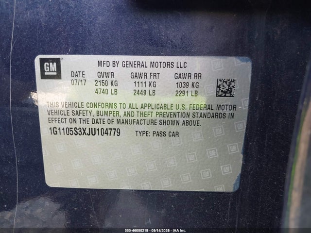 Продаж на аукціоні авто 2018 Chevrolet Impala 1lt, vin: 1G1105S3XJU104779, номер лоту: 46080219
