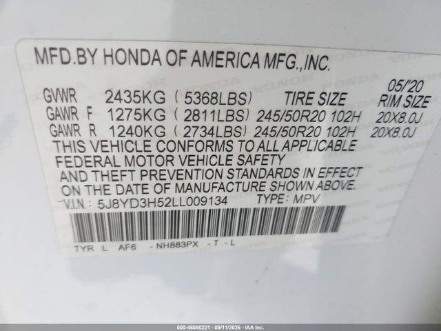 Aukcja sprzedaży 2020 Acura Mdx Technology Package, vin: 5J8YD3H52LL009134, numer aukcji: 46080221