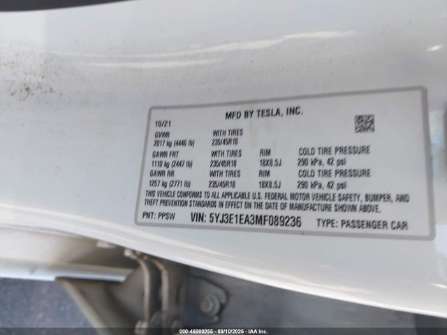 Продаж на аукціоні авто 2021 Tesla Model 3 Standard Range Plus Rear-wheel Drive, vin: 5YJ3E1EA3MF089236, номер лоту: 46080255
