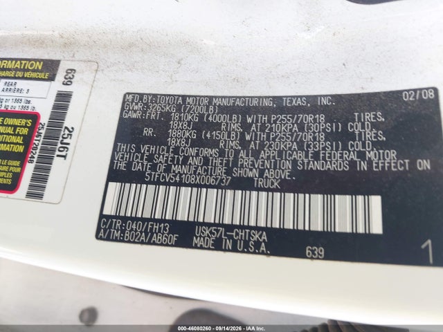 Aukcja sprzedaży 2008 Toyota Tundra Base 5.7l V8, vin: 5TFCV54108X006737, numer aukcji: 46080260
