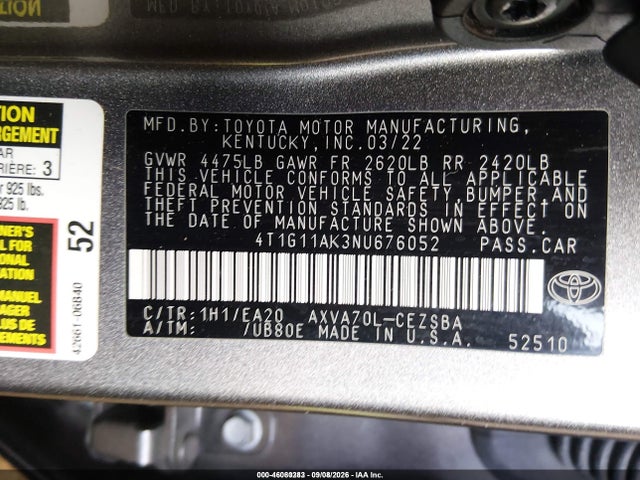 Toyota CAMRY SE 2022 4T1G11AK3NU676052 Image 9