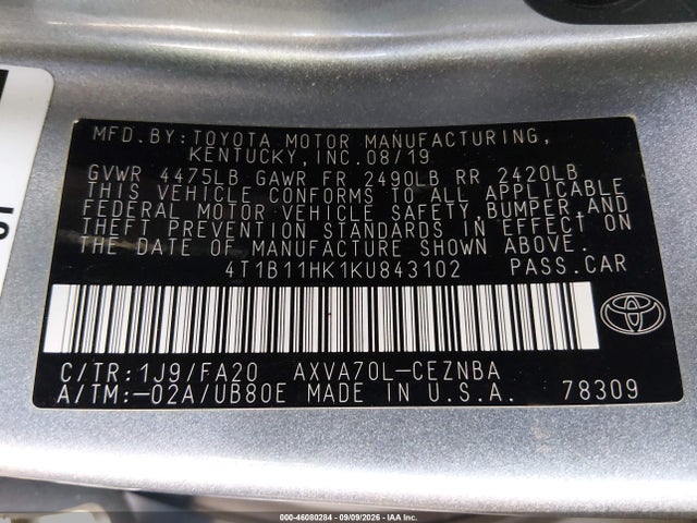 4T1B11HK1KU843102 Toyota CAMRY LE