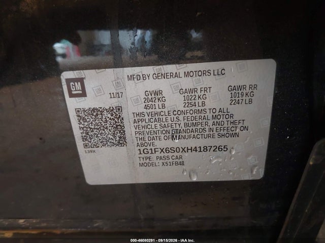 46080291 :رقم المزاد ، 1G1FX6S0XH4187265 vin ، 2017 Chevrolet Bolt Ev Premier مزاد بيع