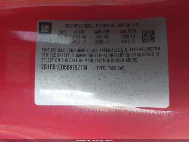 46080296 :رقم المزاد ، 2G1FB1ED5B9192104 vin ، 2011 Chevrolet Camaro 1lt مزاد بيع