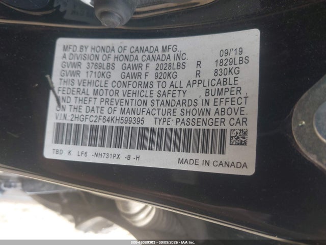 46080303 :رقم المزاد ، 2HGFC2F64KH599395 vin ، 2019 Honda Civic Lx مزاد بيع