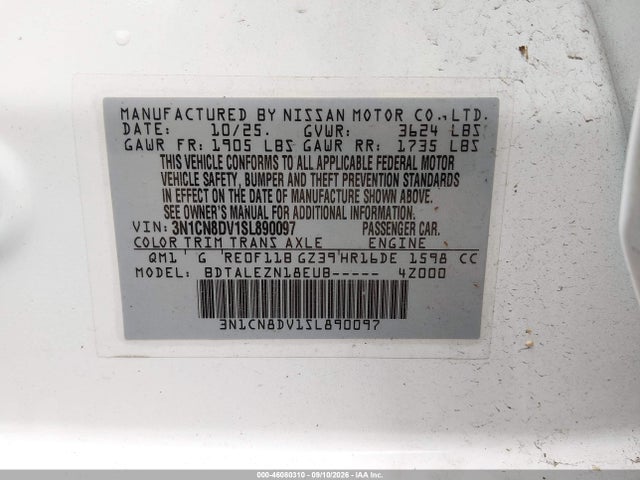 Aukcja sprzedaży 2025 Nissan Versa 1.6 S, vin: 3N1CN8DV1SL890097, numer aukcji: 46080310