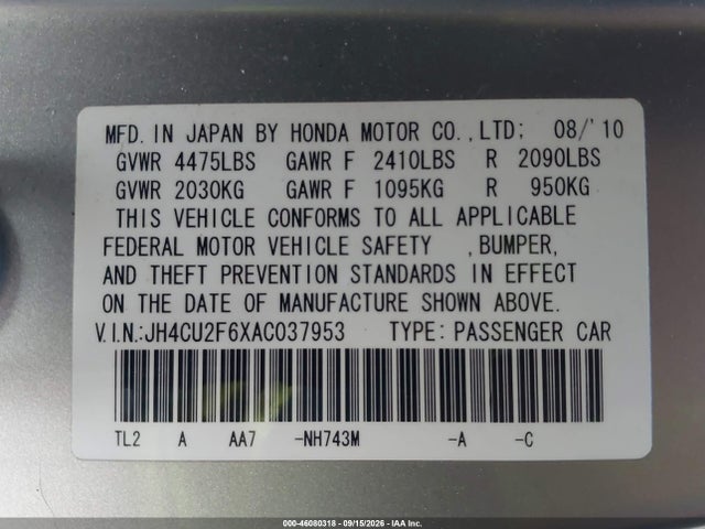 46080318 :رقم المزاد ، JH4CU2F6XAC037953 vin ، 2010 Acura Tsx 2.4 مزاد بيع
