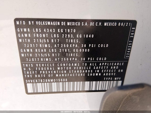 2022 Volkswagen Taos 1.5t S მანქანა იყიდება აუქციონზე, vin: 3VVCX7B28NM015688, აუქციონის ნომერი: 46080333