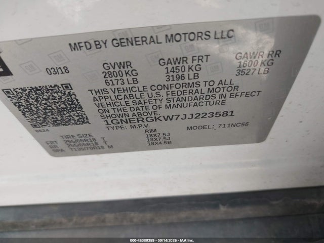 46080359 :رقم المزاد ، 1GNERGKW7JJ223581 vin ، 2018 Chevrolet Traverse 1lt مزاد بيع
