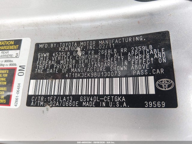 Aukcja sprzedaży 2011 Toyota Camry Xle V6, vin: 4T1BK3EK9BU130073, numer aukcji: 46080364