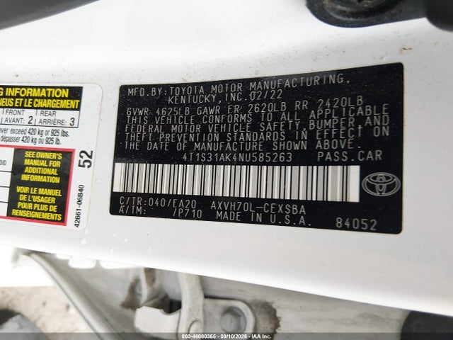 Auction sale of the 2022 Toyota Camry Se Hybrid, vin: 4T1S31AK4NU585263, lot number: 46080365