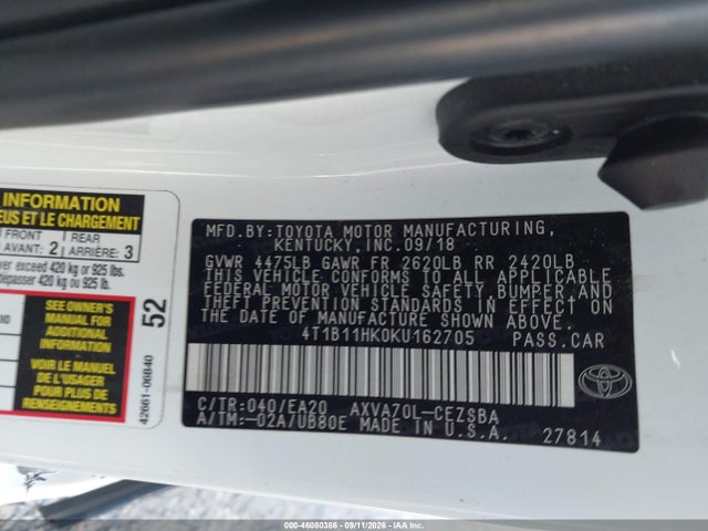 46080386 :رقم المزاد ، 4T1B11HK0KU162705 vin ، 2019 Toyota Camry Se مزاد بيع