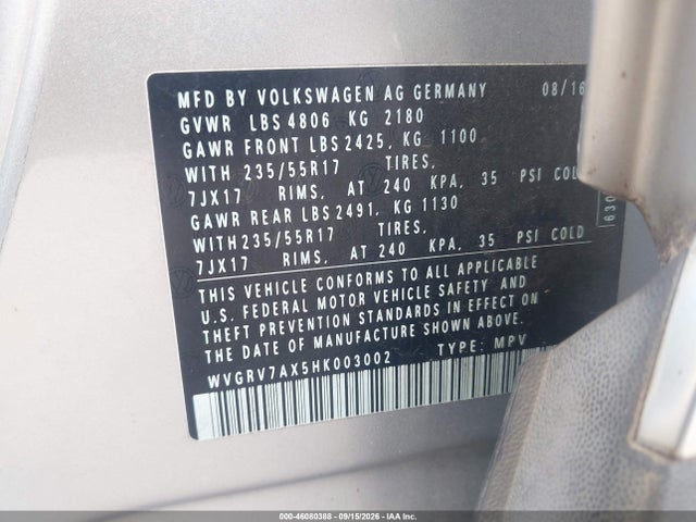 Продажа на аукционе авто 2017 Volkswagen Tiguan 2.0t Wolfsburg Edition, vin: WVGRV7AX5HK003002, номер лота: 46080388