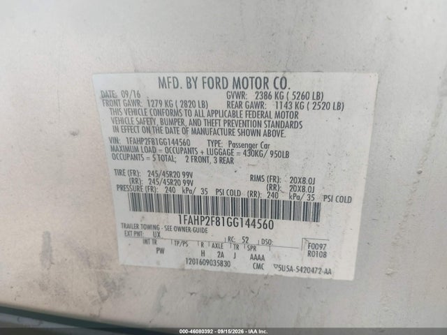 46080392 :رقم المزاد ، 1FAHP2F81GG144560 vin ، 2016 Ford Taurus Limited مزاد بيع