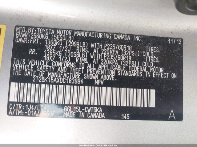 46080401 :رقم المزاد ، 2T2BK1BAXDC183994 vin ، 2013 Lexus Rx 350 مزاد بيع