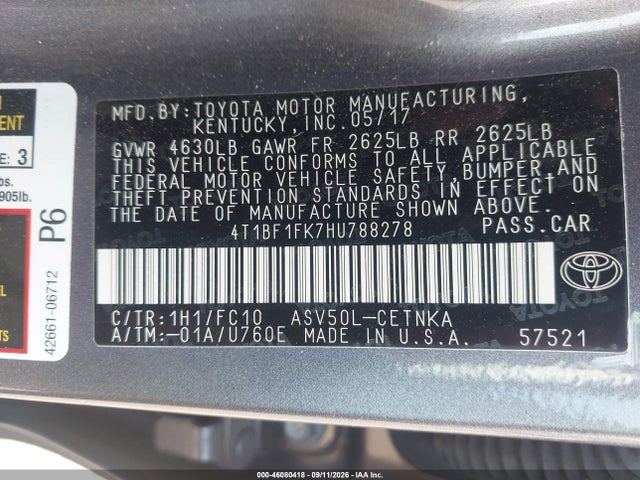 2017 Toyota Camry Le მანქანა იყიდება აუქციონზე, vin: 4T1BF1FK7HU788278, აუქციონის ნომერი: 46080418