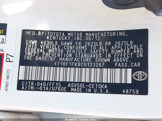 46080423 :رقم المزاد ، 4T1BF1FK8CU123267 vin ، 2012 Toyota Camry Se مزاد بيع