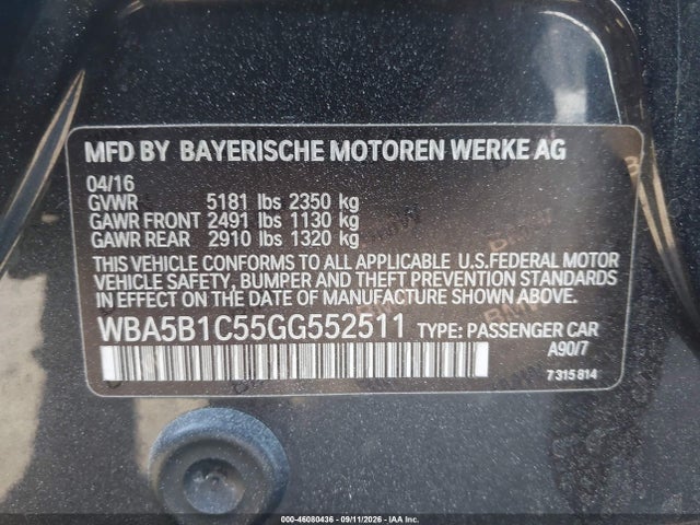 46080436 :رقم المزاد ، WBA5B1C55GG552511 vin ، 2016 Bmw 535i مزاد بيع