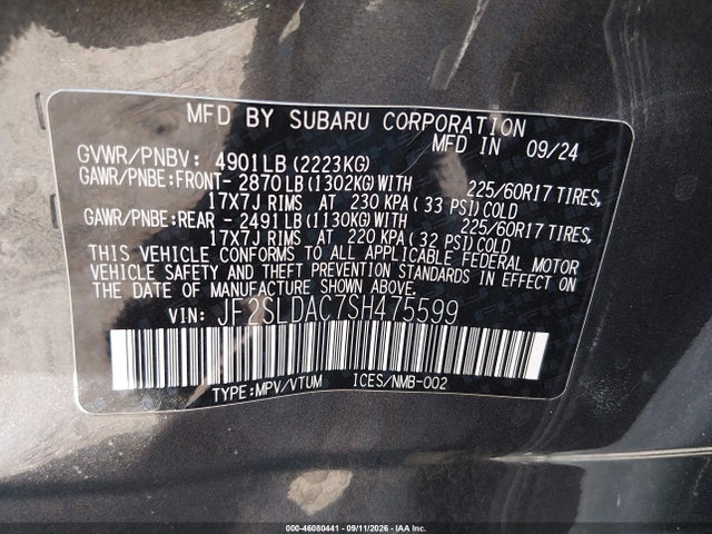 Aukcja sprzedaży 2025 Subaru Forester, vin: JF2SLDAC7SH475599, numer aukcji: 46080441