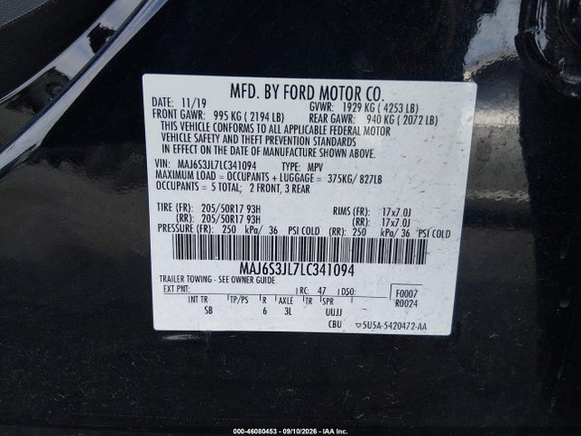 2020 Ford Ecosport Ses მანქანა იყიდება აუქციონზე, vin: MAJ6S3JL7LC341094, აუქციონის ნომერი: 46080453