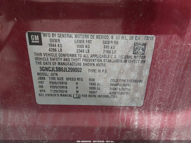 Aukcja sprzedaży 2018 Chevrolet Trax Lt, vin: 3GNCJLSB8JL299002, numer aukcji: 46080458