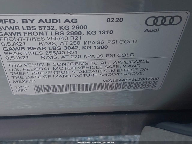 Продажа на аукционе авто 2020 Audi Sq5 Premium Plus Tfsi Quattro Tiptronic, vin: WA1B4AFY3L2067789, номер лота: 46080461