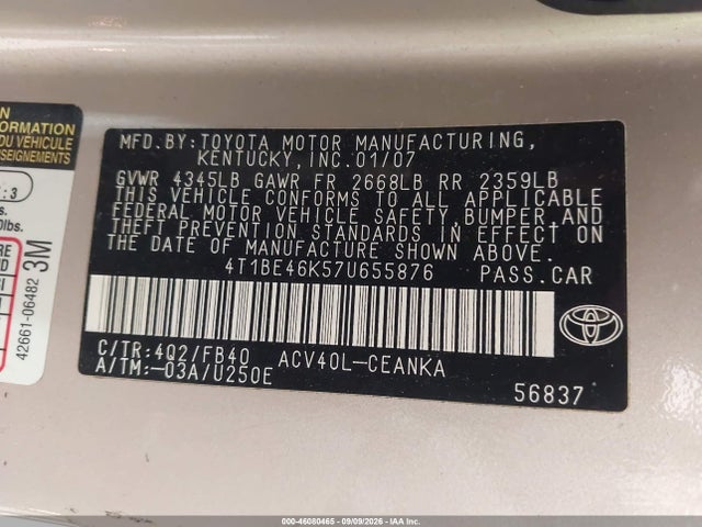 Продажа на аукционе авто 2007 Toyota Camry Le, vin: 4T1BE46K57U655876, номер лота: 46080465