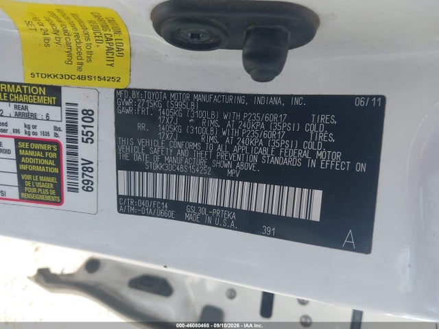 Aukcja sprzedaży 2011 Toyota Sienna Le V6, vin: 5TDKK3DC4BS154252, numer aukcji: 46080468